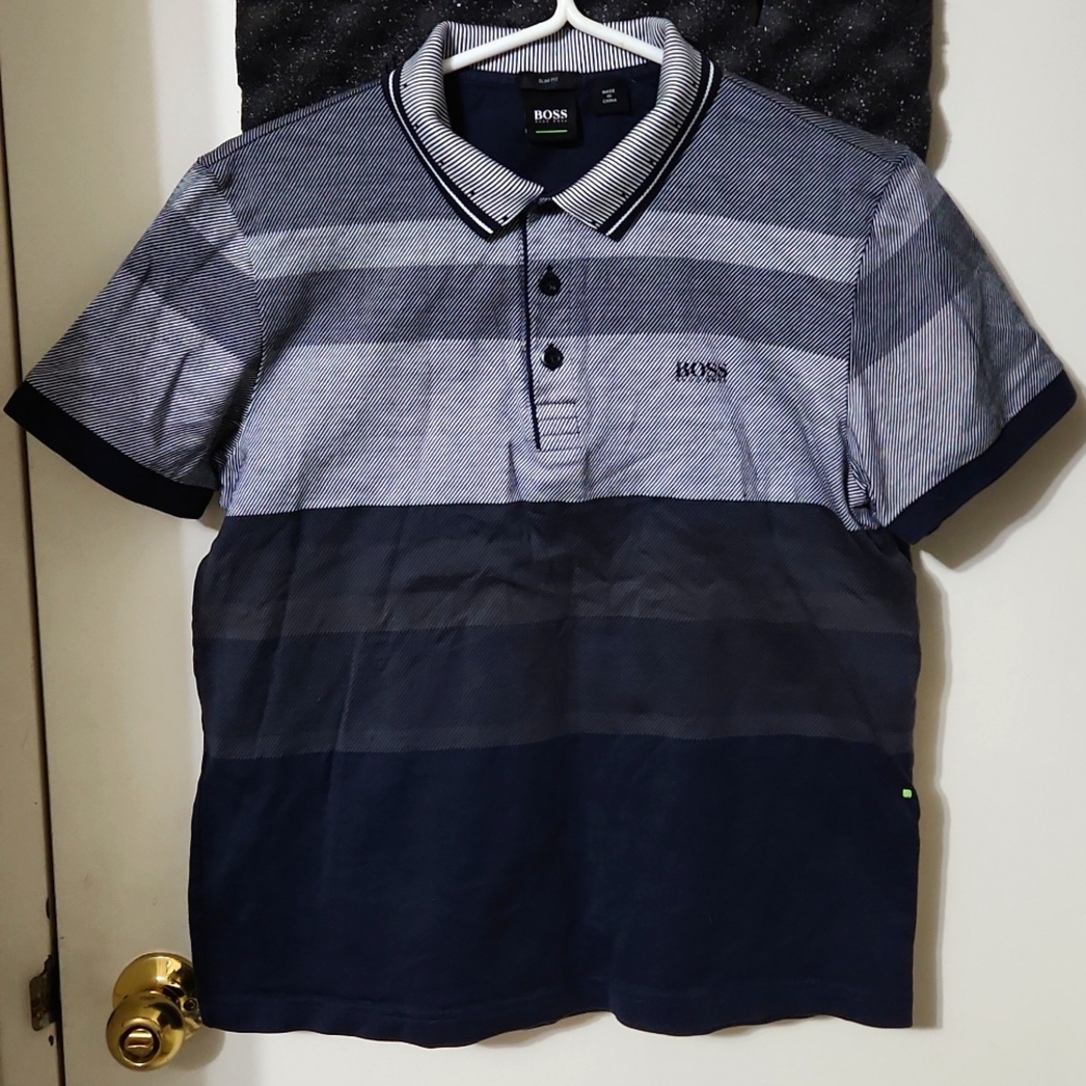 Hugo Boss Navy Blue Stripe Pattern 1/4 Button Down Casual Slim Fit Polo Shirt
